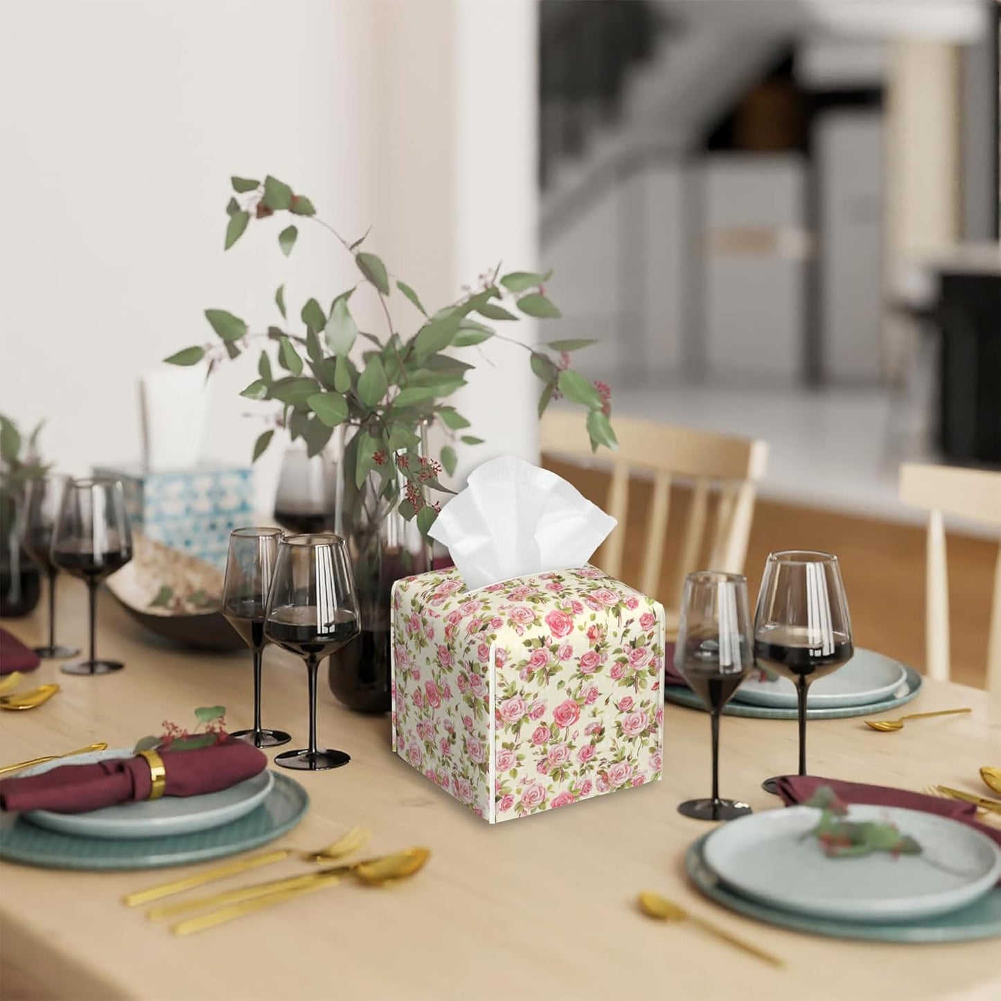 Tissue Box Cover Square,Watercolor Pink Roses Tissue Box Holder Waterproof Leather Facial Paper Case Modern Home Decoration for Bedroom Dresser Night Stand Office Desk