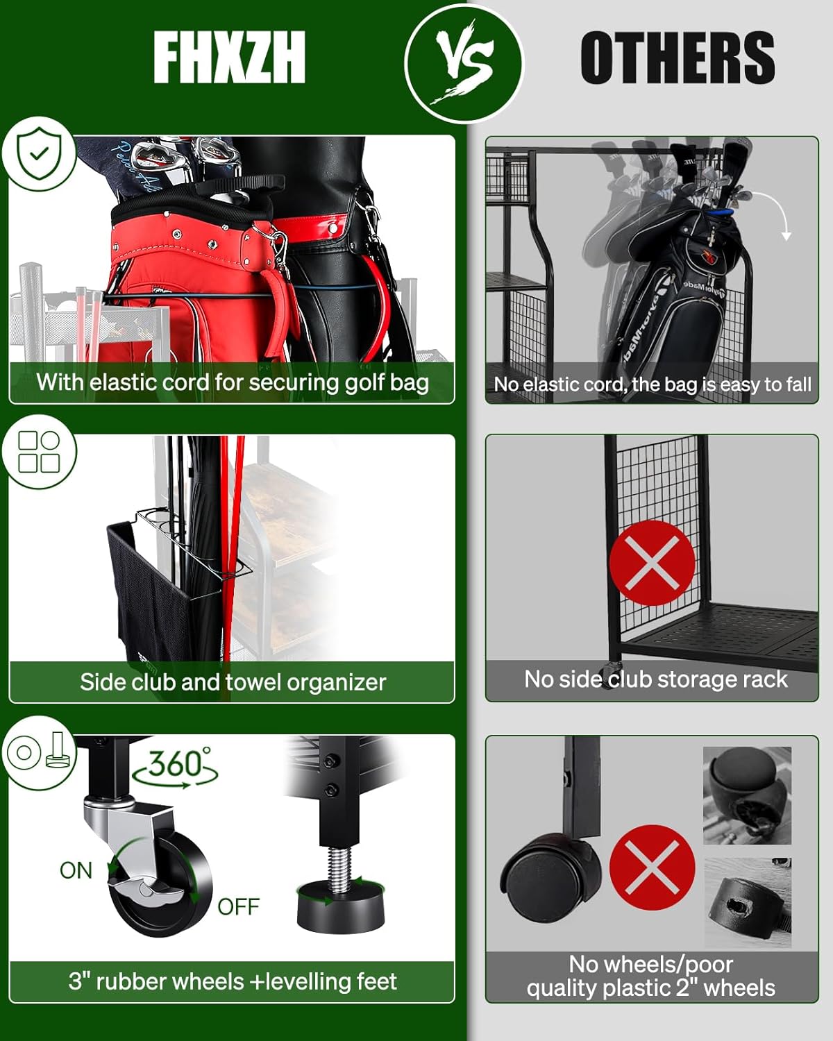 Golf Bags Storage Garage Organizer- Golf Bag Stand for Golf Bags, Clubs, Balls, Golf Equipment Accessories, Golf Bag Storage Rack with Wheels for Garage, Club, Basement