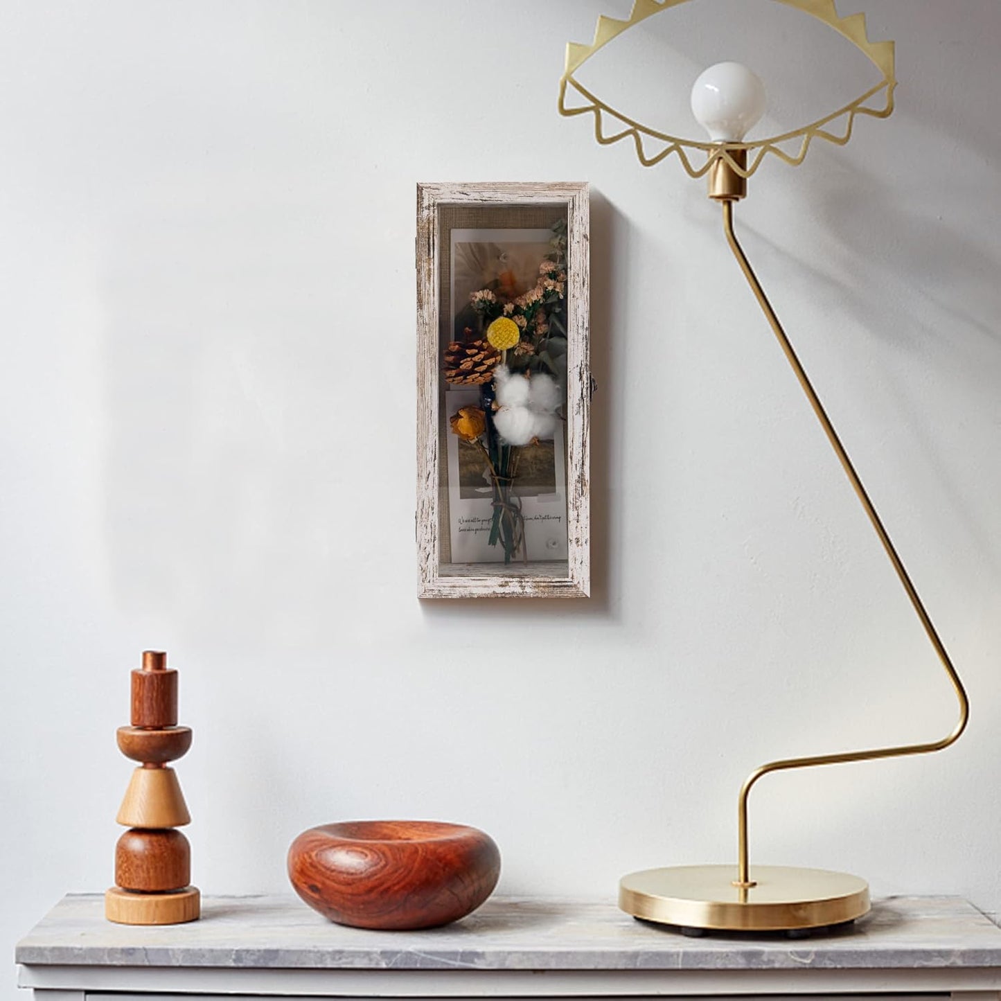 GraduatePro Shadow Box Frame 5x12.5 Display Case with Linen Back, Real Glass Window Door with Hinge, Picture Frame Wedding Bouquet Memorabilia Medals Photos Memory Box for Keepsakes, Rustic White