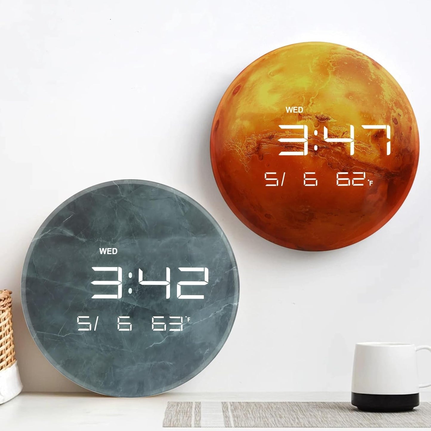 Digital Wall Clock with LED Display, 13" Calendar & Temperature, Automatic Dimming, 12/24hr Format, Wall & Desk Use - HUI-7855