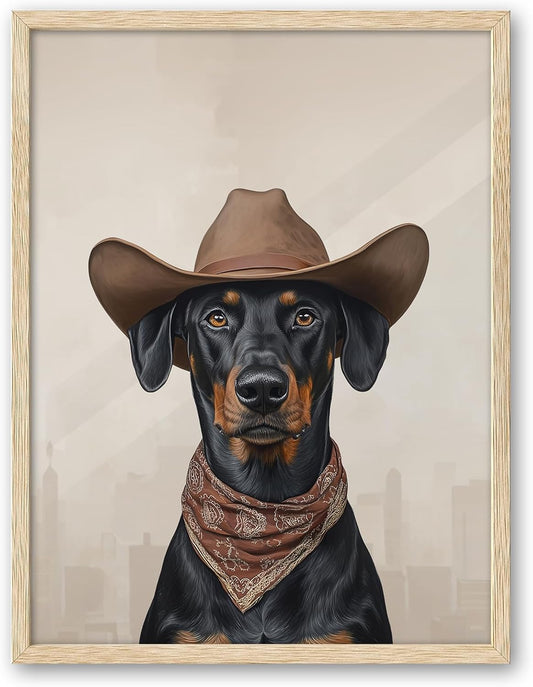 iHery Natural OAK Wood Doberman Dog Cowgirl Hat Framed Wall Art, 12x16 in Doberman Neutral Western Trendy Canvas Wall Art Decor For Bedroom, Funky Cute Dog Prints Bathroom Living Room Set of 1