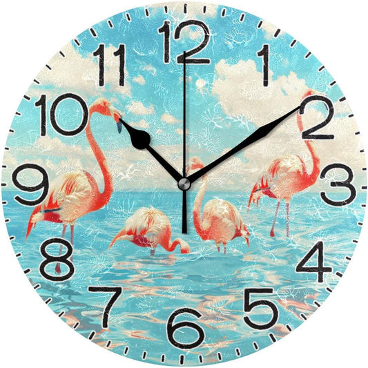 Flamingos Wall Clock Battery Operated Non Ticking Silent Quartz Analog Rustic Farmhouse Round Clock Retro Decor for Home Kitchen Living Room Bathroom4