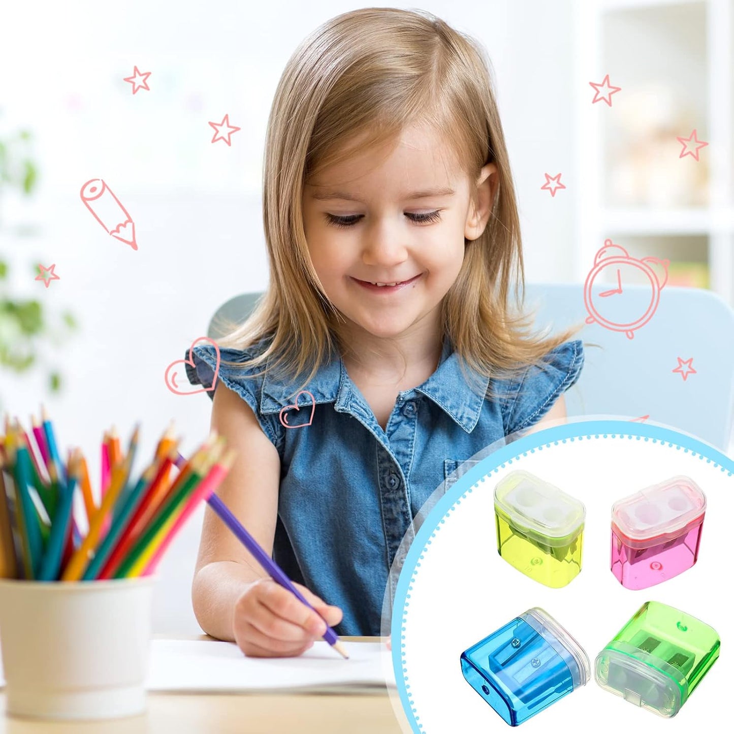 Teling 216 Pcs Manual Pencil Sharpeners Bulk Handheld Dual Holes Pencil Sharpeners for Kids Colorful Portable Compact Sharpener with Lid for Students School Class Home Office Supply