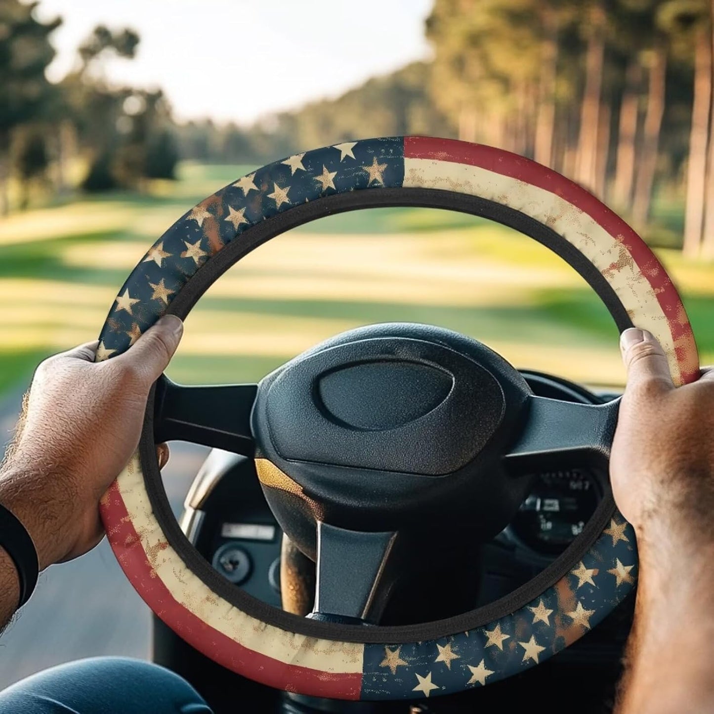 Retro Golf Cart Steering Wheel Cover American Flag Stretch Elastic Golf Cart Steering Wheel Covers, Anti-Slip Universal Fit Club Car Accessories 13-14 Inch Interior Decor