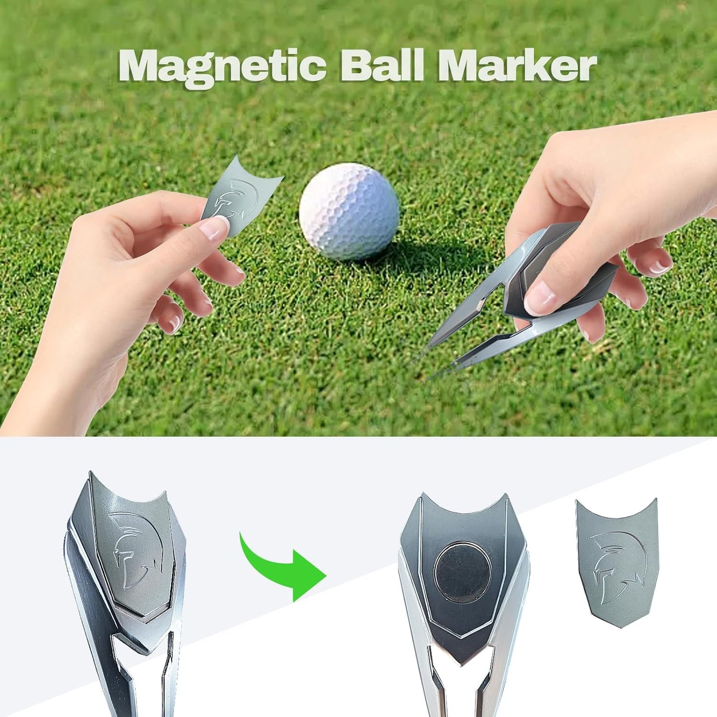 Spartan Helmet Golf Divot Tool with Magnetic Ball Marker & Belt Clip, Solid Metal Golf Accessory, Unique Design Gift for Golfers