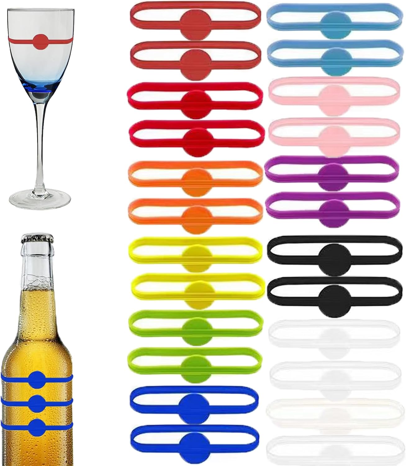 Stretchable Drink Markers 24pcs, Wine Glass Markers, Drink Identifiers for Glasses Cup, Beer Bottle, Mug, Jar, Cocktail Glass, Drink Labels for Party