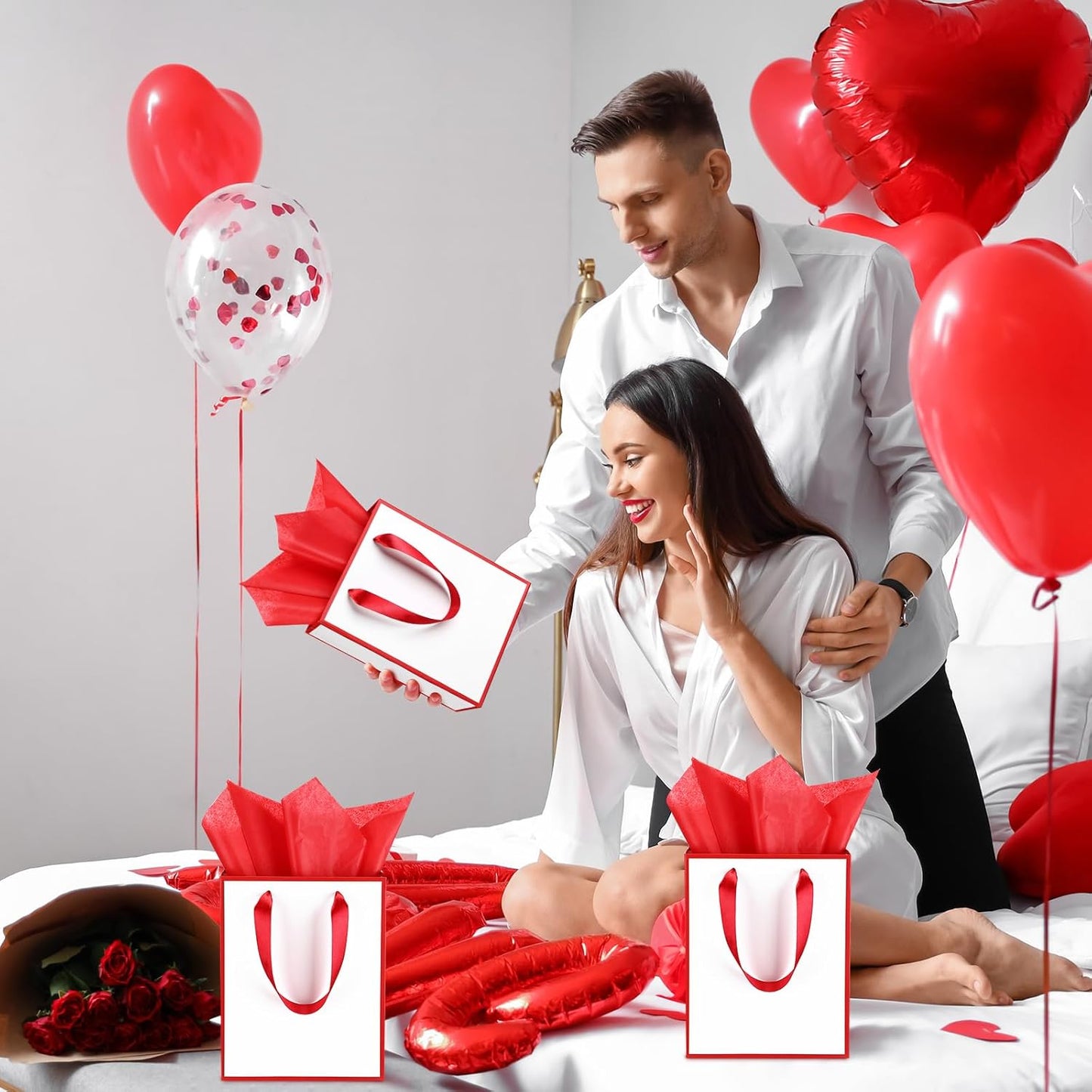 Yeaqee 24 Pack Metallic Paper Gift Bags with Handle and Tissue 9x7x3.1 Gold Foil Welcome Favor Bags Return Gifts for Wedding Fall 5 Senses Christmas Bridesmaid Birthday(White, Dark Red)