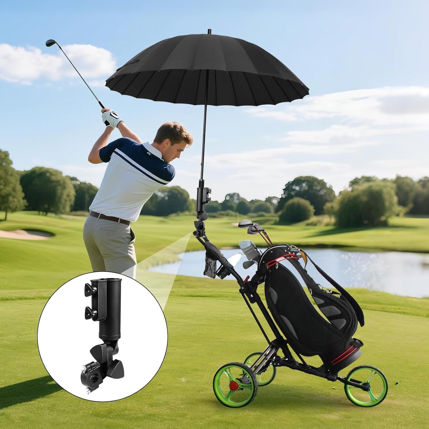 Golf Push Cart Umbrella Holder - Heavy-Duty Umbrella Stand with Double Knob, 180 Degrees Adjustable, Universal Strong Windproof Umbrella Holder for Mobility Scooter/Stroller/Wheelchair/Beach Chair