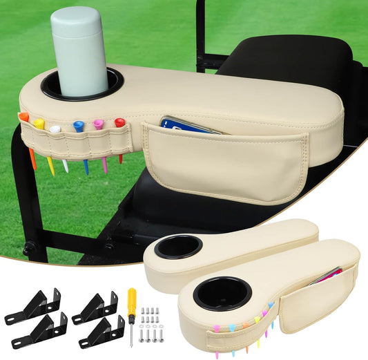 No Drilling Golf Cart Armrest with Cup Holder Phone Bag Golf Tree Holder for Rear Seat, Triangle Support Frame Fits 1" Side Square Tube EZGO Club Car DS Precedent Yamaha Golf Carts Arm Rest