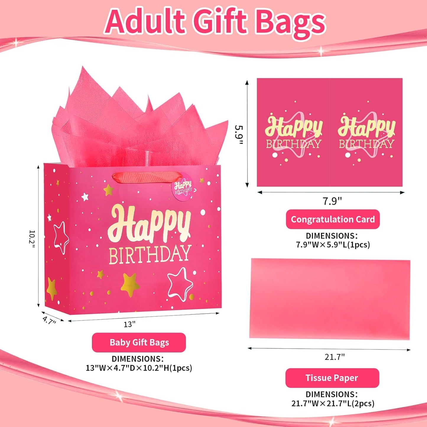 Powbrace 13" Pink Happy Birthday Gift Bag with Tissue Paper and Greeting Card for Party,Happy Birthday Gift Bag for Men Women,Gift Bags Medium size(1 PCS Pink Hot Stamping)
