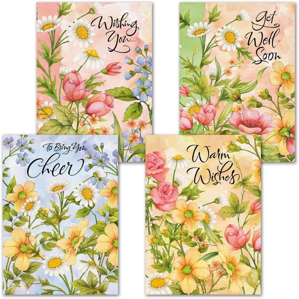 Watercolor Garden Get Well Greeting Cards - Set of 8 (4 designs) Large 5 x 7, Sentiments Inside, Thinking of You