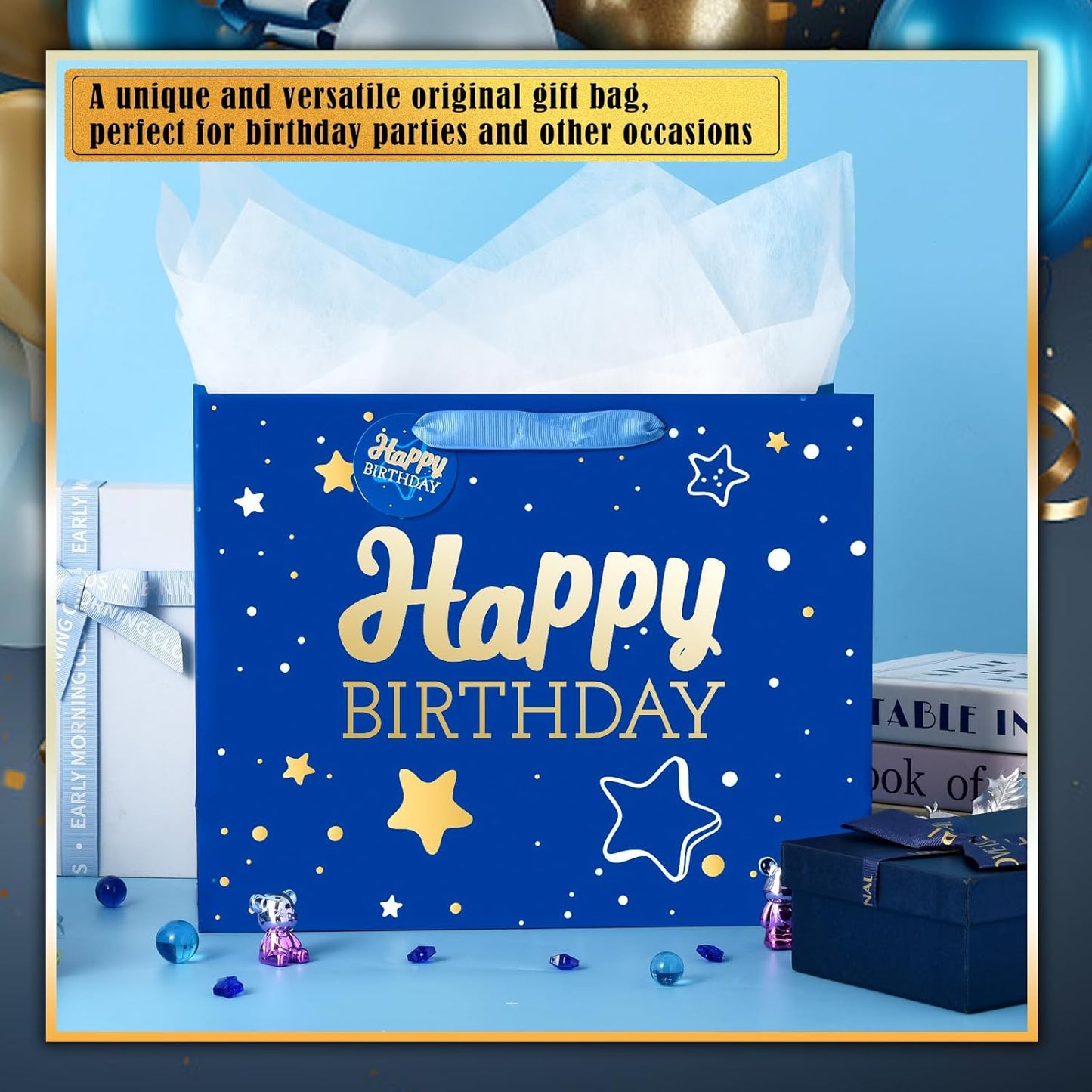 13" Blue Happy Birthday Gift Bag with Tissue Paper and Greeting Card for Party,Happy Birthday Gift Bag for Men Women,Gift Bags Medium size(1 PCS Blue Hot Stamping)
