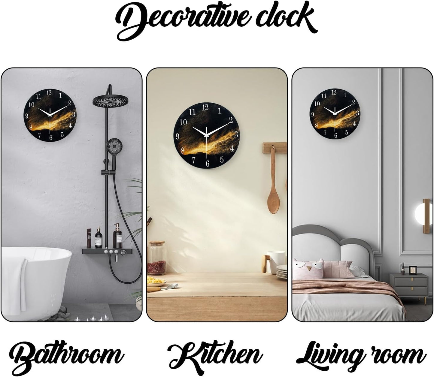 Black and Gold Modern Wall Clocks Battery Operated 12 Inch Silent Wall Clock Non Ticking Glass Wall Clock for Living Room