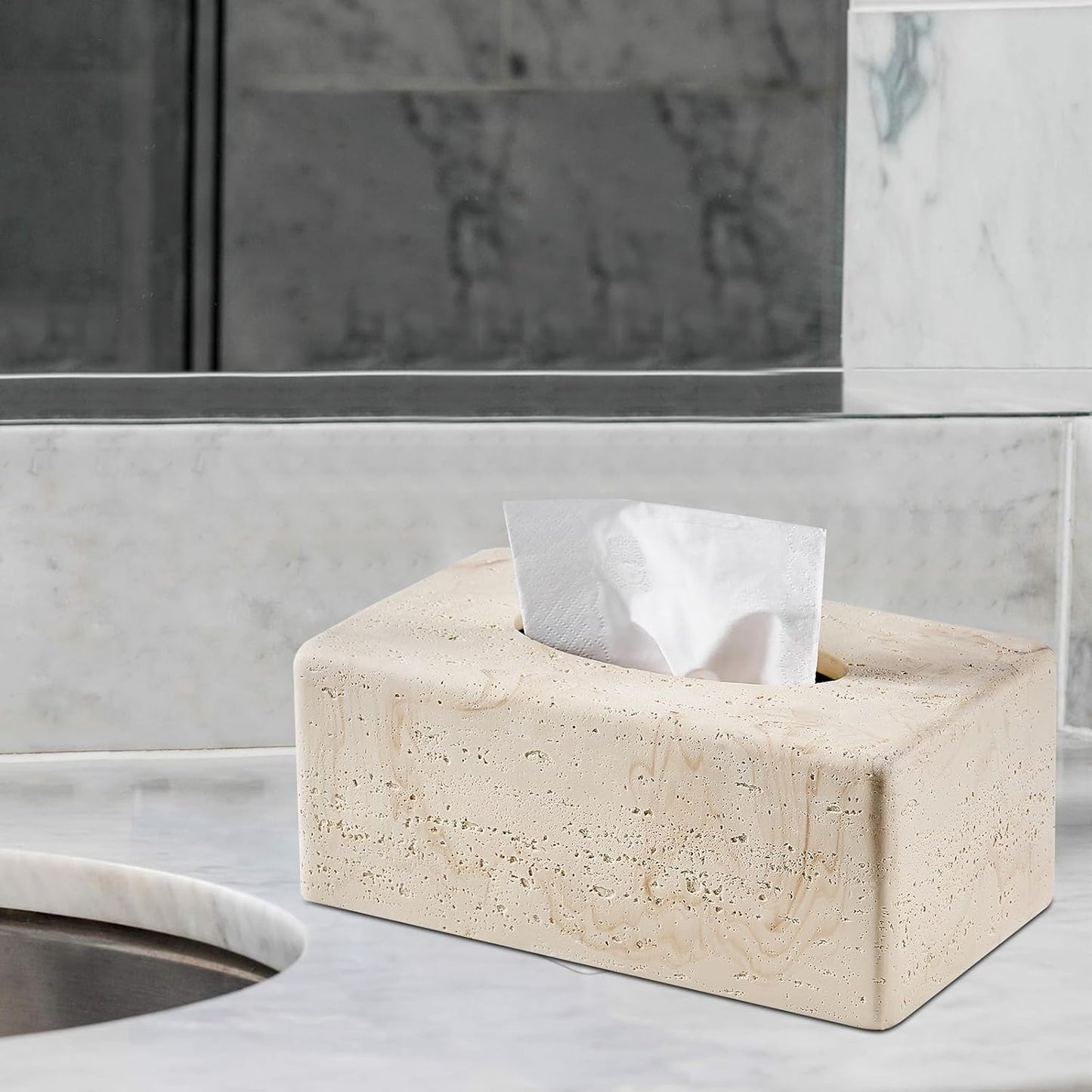 Natural Travertine Textures Tissue Box Cover Rectangular (Only Suitable for Standard Sized Tissue Box) for Decor,Resin Tissue Box for Bathroom Countertop,Bedside,Office（Made of Resin, Height of 4 in