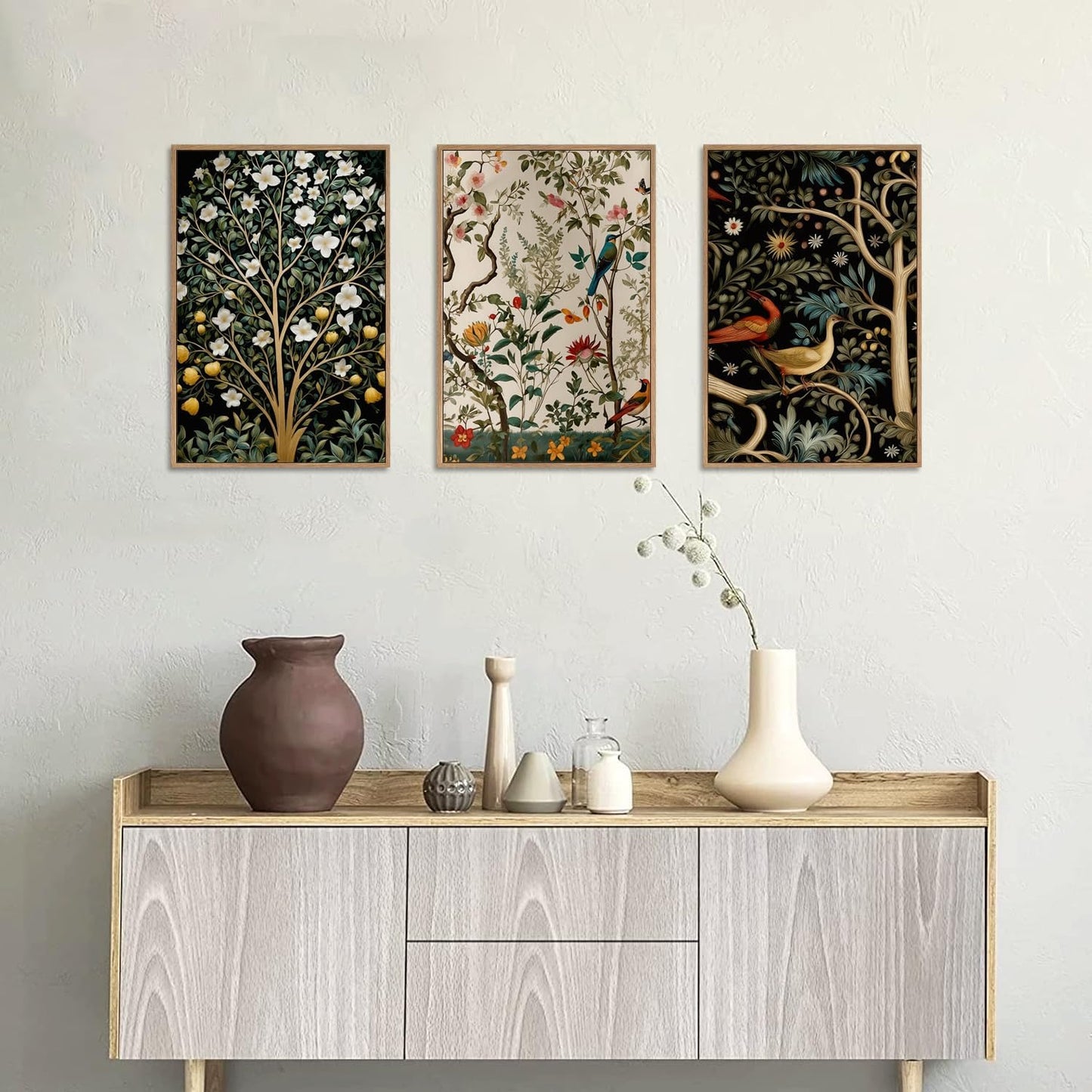 MTFBWY 3Pcs Vintage Botanical And Bird Wall Art prints, Nature Plant Framed Canvas Wall Art, Floral Posters Prints, Wildlife Pictures Artwork Decor Living Rooms Bedrooms Offices (Green Plants, 24L" x 16W", Natural Framed)