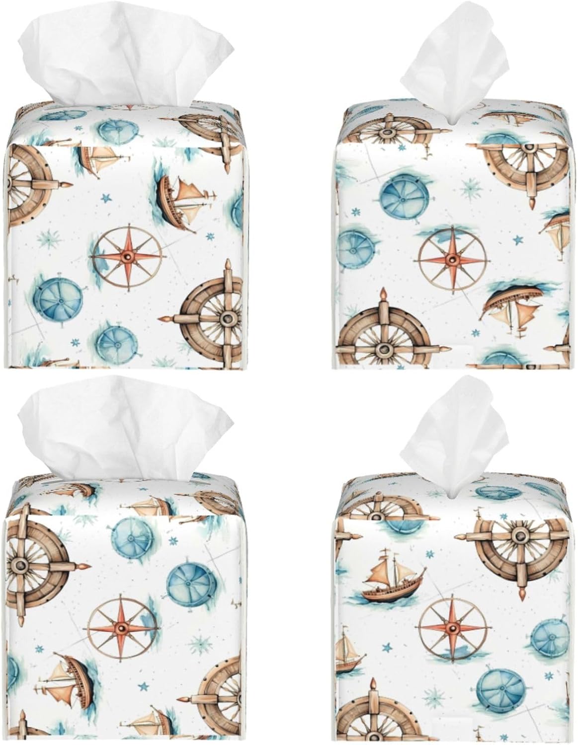 Tissue Box Cover Nautical Ocean Anchor Compass Ship Square PU Leather Tissue Box Holder for Car Bathroom Bedroom Desk Tabletop Decor