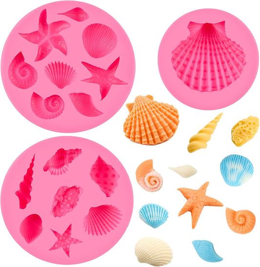 3 Pcs Marine Silicone Fondant Molds, Seashell Conch Starfish Chocolate Candy Molds for Cupcake Topper, Cake Pop Decoration and Clay Craft Making