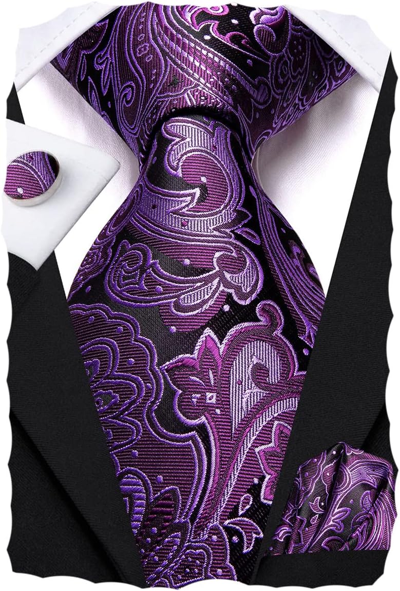 Hi-Tie Men 63inches Tie Set Extra Long Necktie Paisley Tie Pocket Suqare Cufflinks Big and Tall Men Tie