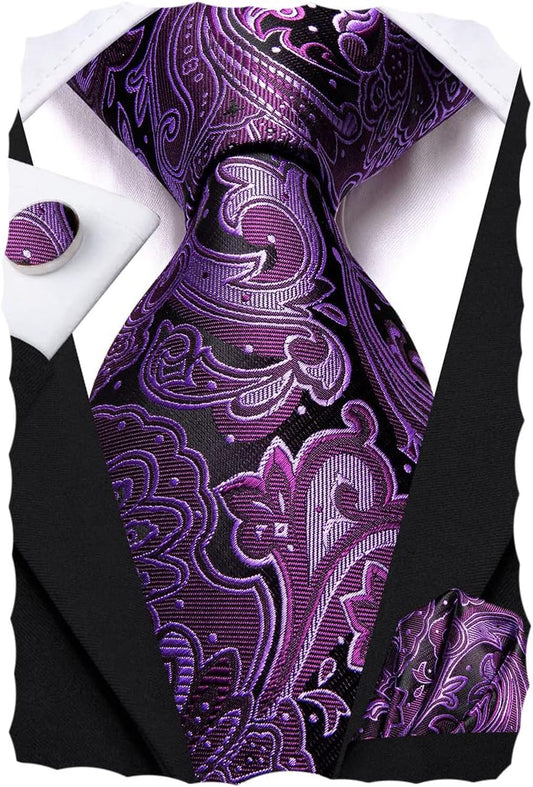 Hi-Tie Men 63inches Tie Set Extra Long Necktie Paisley Tie Pocket Suqare Cufflinks Big and Tall Men Tie