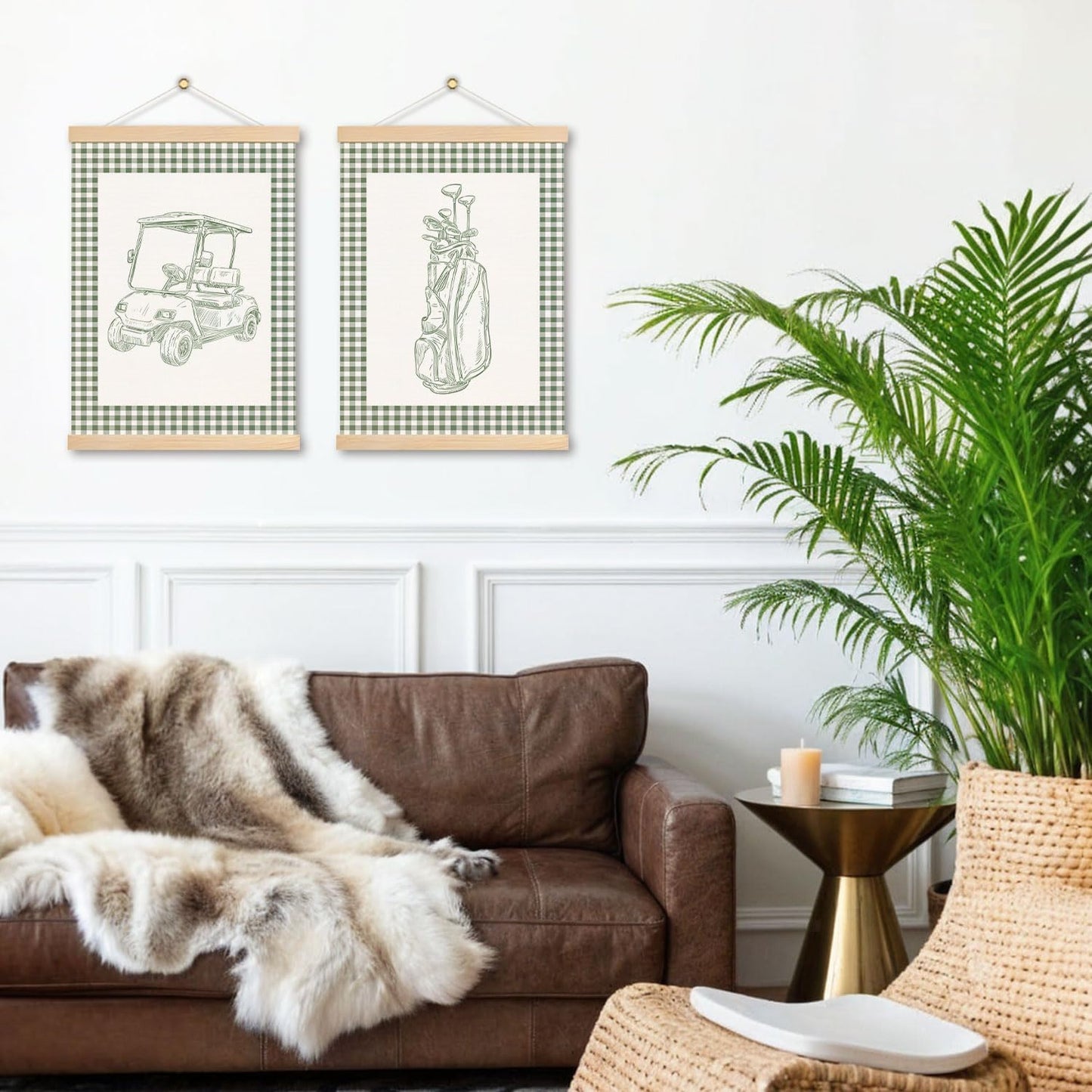 DNEULYR Sage Green Checkered Golf Wall Art Poster, Golf Nursery Wall Decor, Retro Golfing Golfer Poster Hanger Frame for Kids Boys Room Bedroom Nursery Playroom, 12x16 Inches Set of 2