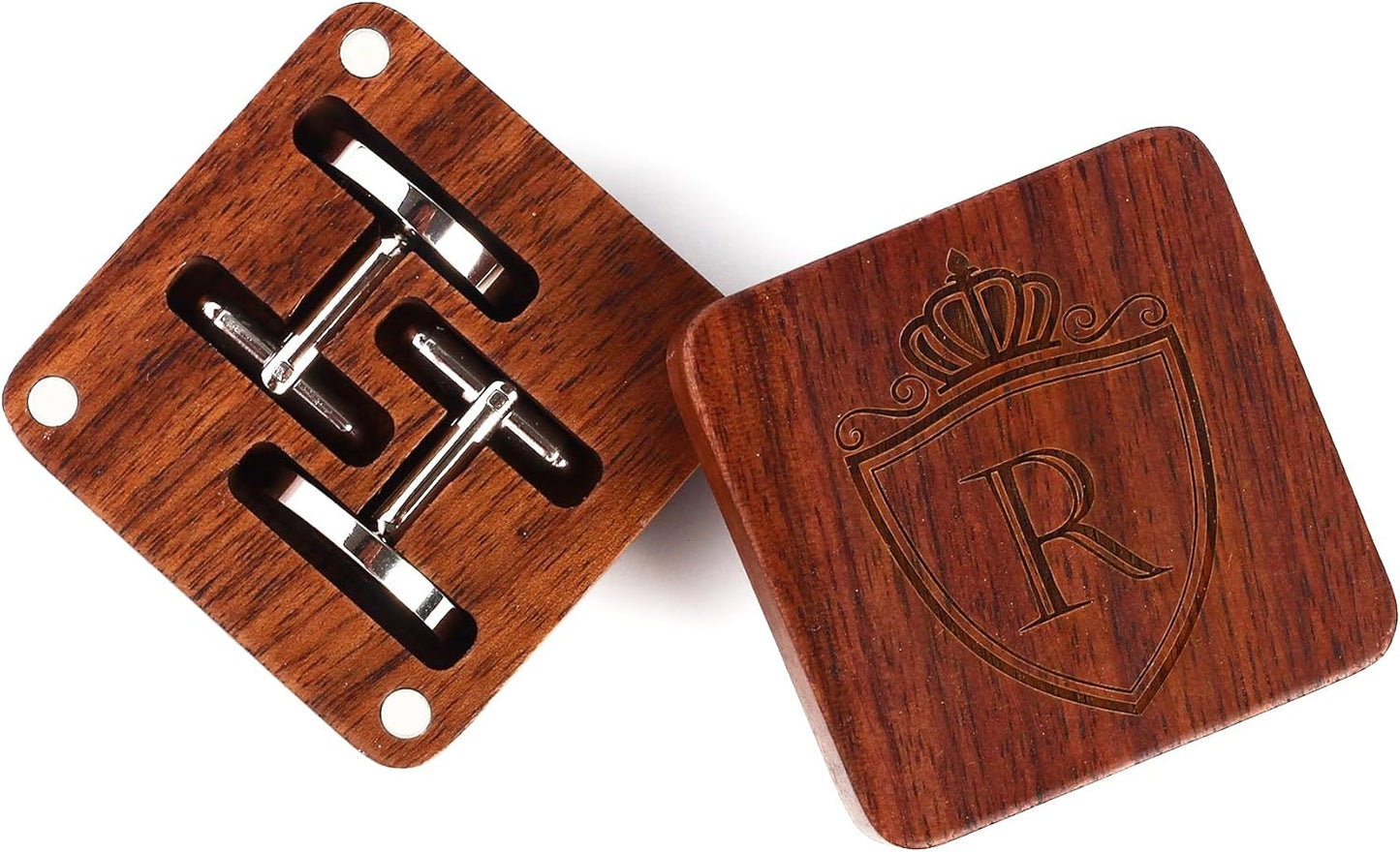 Mens Initial Silver Cufflinks A-Z Alphabet Letter Steel Cuff Links with Engraved Walnut Wood Box Groom Groomsman Wedding Set…