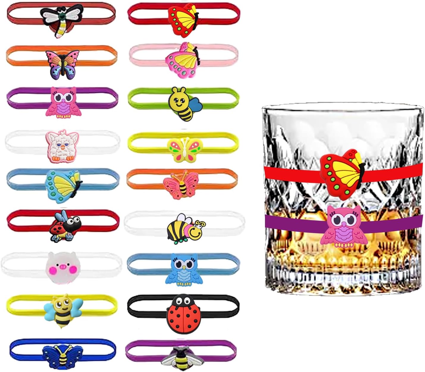 Ackron 18Pcs Wine Glass Markers, Silicone Drink Markers Funny For Wines Glasses, Glass Cup Wine Glas Bottle Strip Tag Marker, Suitable for Bottle Identification for Parties Or Families