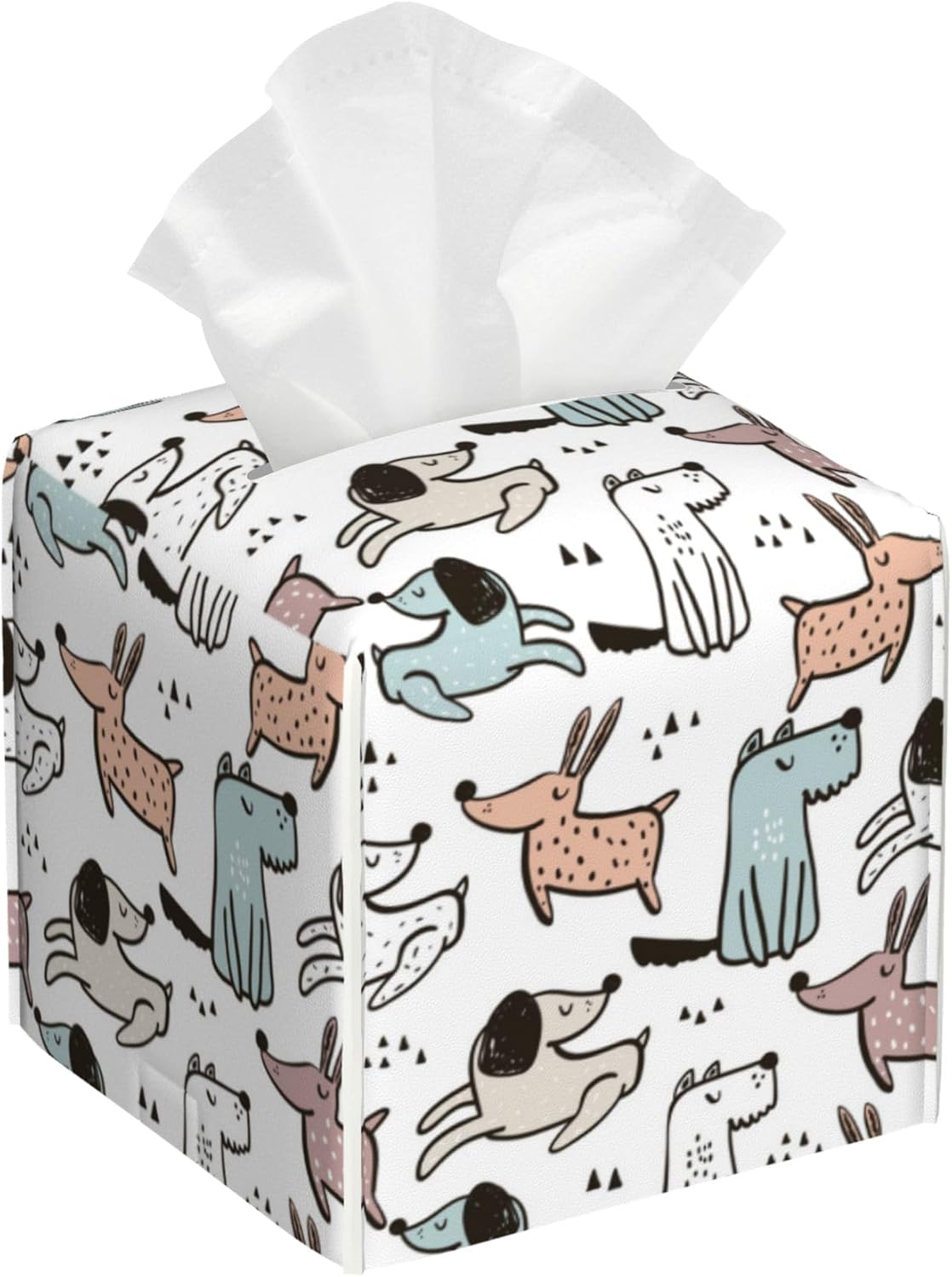 Cute Doodle Dogs Tissue Box Cover Square, Tissue Box Holder Leather Facial Paper Case Decorative Organizer Holder Dispenser Home Office Car Decor