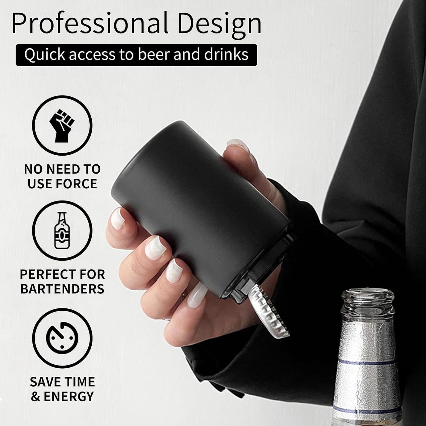 Beer Bottle Opener Destapadores de Cerveza, Automatic Bottle Cap Opener, Down-Pop Off Beer Bottle Openers for Seniors with Magnetic Cap Catcher, Cool Bartender Tools, Men Beer Gift（Black）