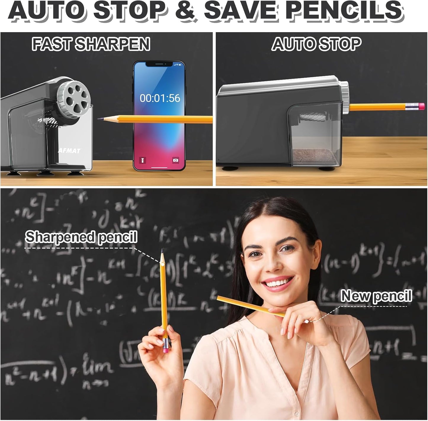 AFMAT PSX4 Electric Pencil Sharpener Heavy Duty, 6-Hole Classroom Pencil Sharpener for 6-11mm Pencils, Auto Stop Pencil Sharpeners Plug in, 10,000+ Sharpenings, Save Colored Pencils, Gray