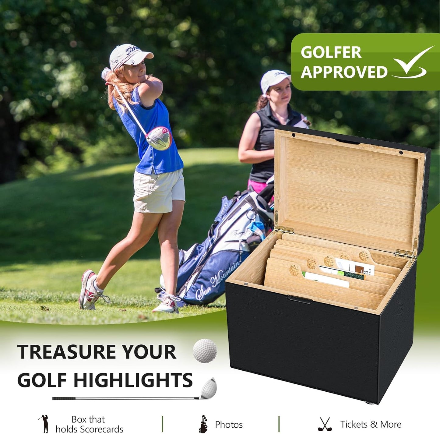 Golf Storage Box Golf Gifts - Golf Scorecard Collection Box with 5 Wooden Dividers - Golf Organizer for Scorecards, Photos, Keepsakes; Fathers Day Dad Gifts for Men from Wife (Black)