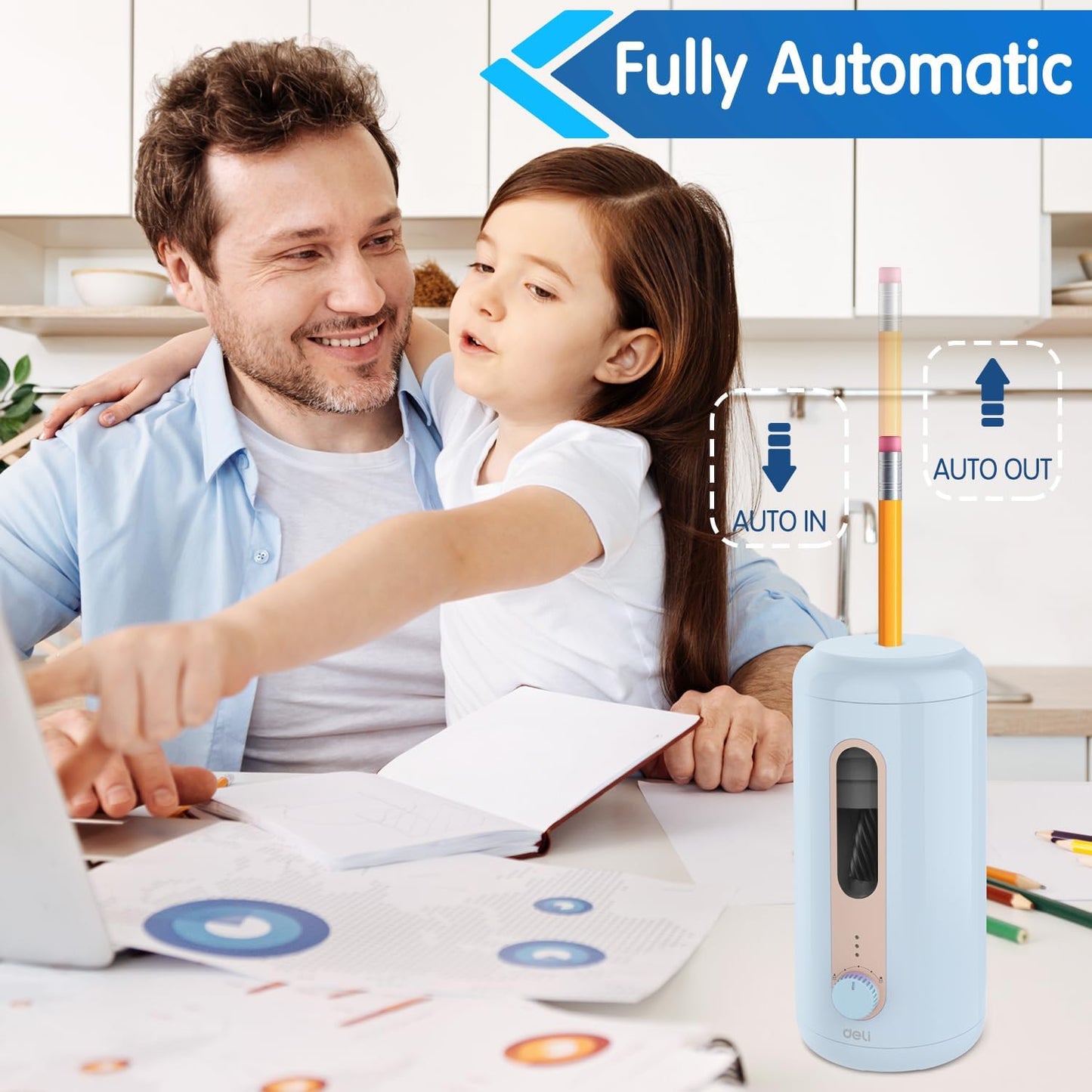 Deli Electric Pencil Sharpener - Fully Automatic, Hands-Free, Rechargeable for 6.9-12mm Pencils - Home & Classroom - Blue
