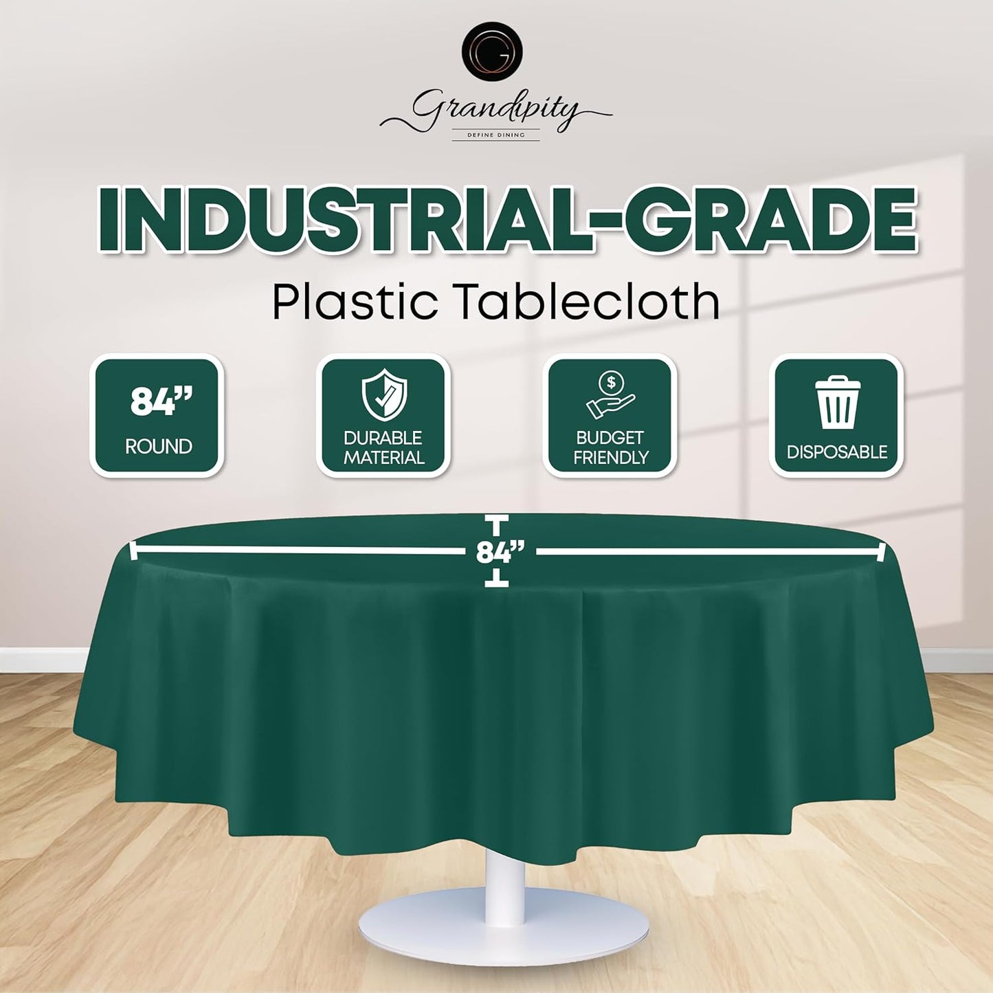 Grandipity 12 Pack Premium Disposable Plastic Tablecloth 84" Inch Decorative Round Table Cover - Dark Green