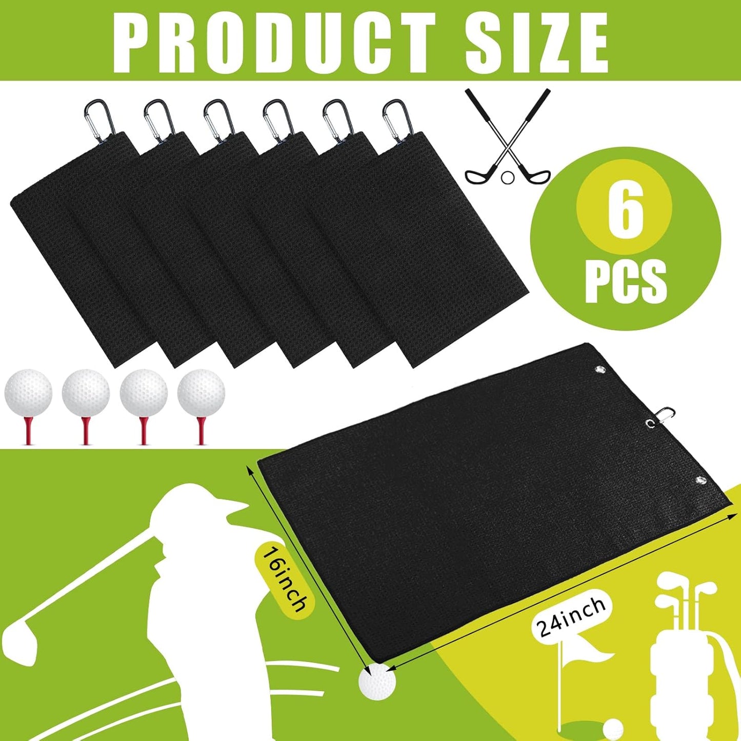 Cindeer 6 Pack Large Golf Towels, 16" x 24" Tri-fold Golf Towels, Microfiber Fabric Waffle Pattern Golfing Towel Portable with Heavy Duty Clip for Golfing Bag Remove Sand Dirt Mud Sweat(Black)