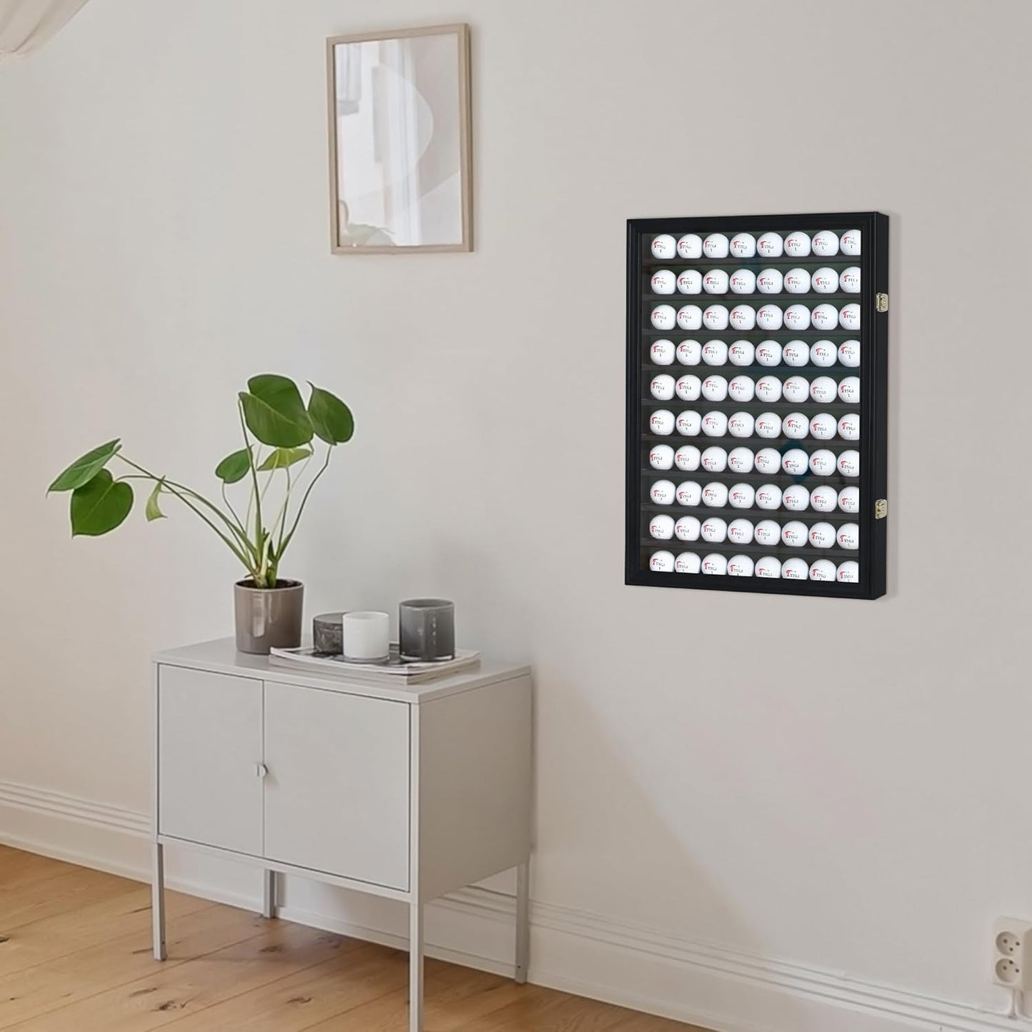 DisplayGifts 80 Golf Ball Display Case Cabinet Wall Rack Holder Solid Wood Frame with 98% UV Protection Lockable Acrylic Door, Wall Mounted or Stand Great Golfer's Gift