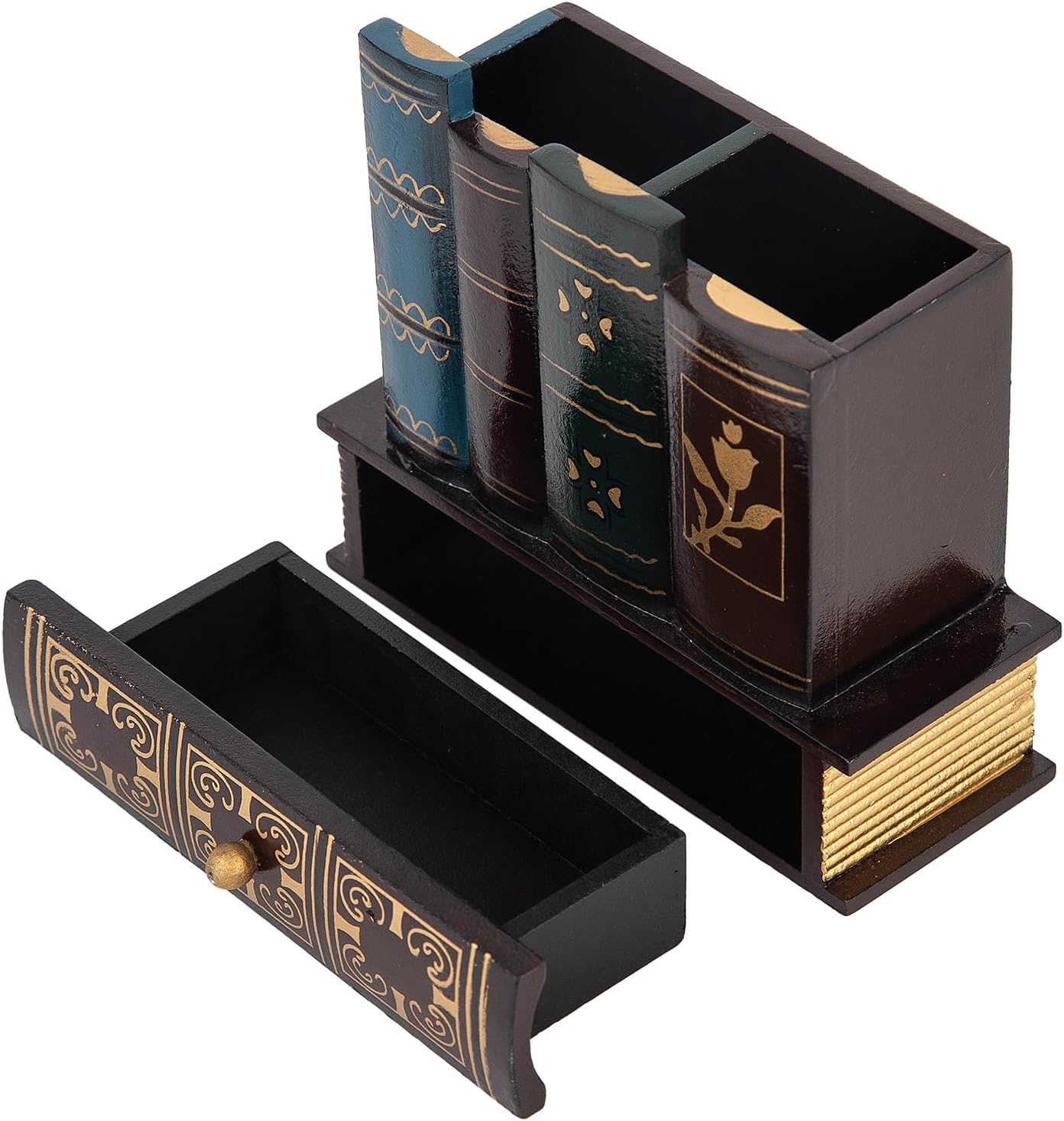 VERGOODR Decorative Pencil and Pen Holder with Storage Drawer, Wooden Desk Organizer Caddy, Antique Library Books Design Pen Cup for Office Supplies, Countertop, Desk,Table (Red)