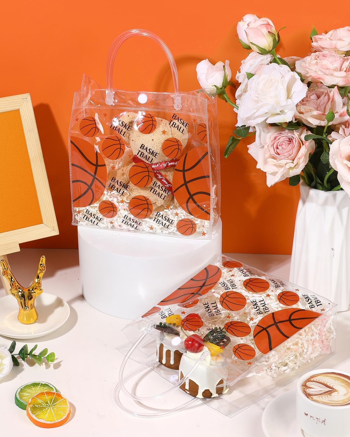 24 Pieces Clear Basketball Gift Bag with Handles Transparent PVC Basketball Goodie Bags 8 x 8 x 3.2Inch Sport Theme Party Favor Bag for Birthday Holiday Sports Team