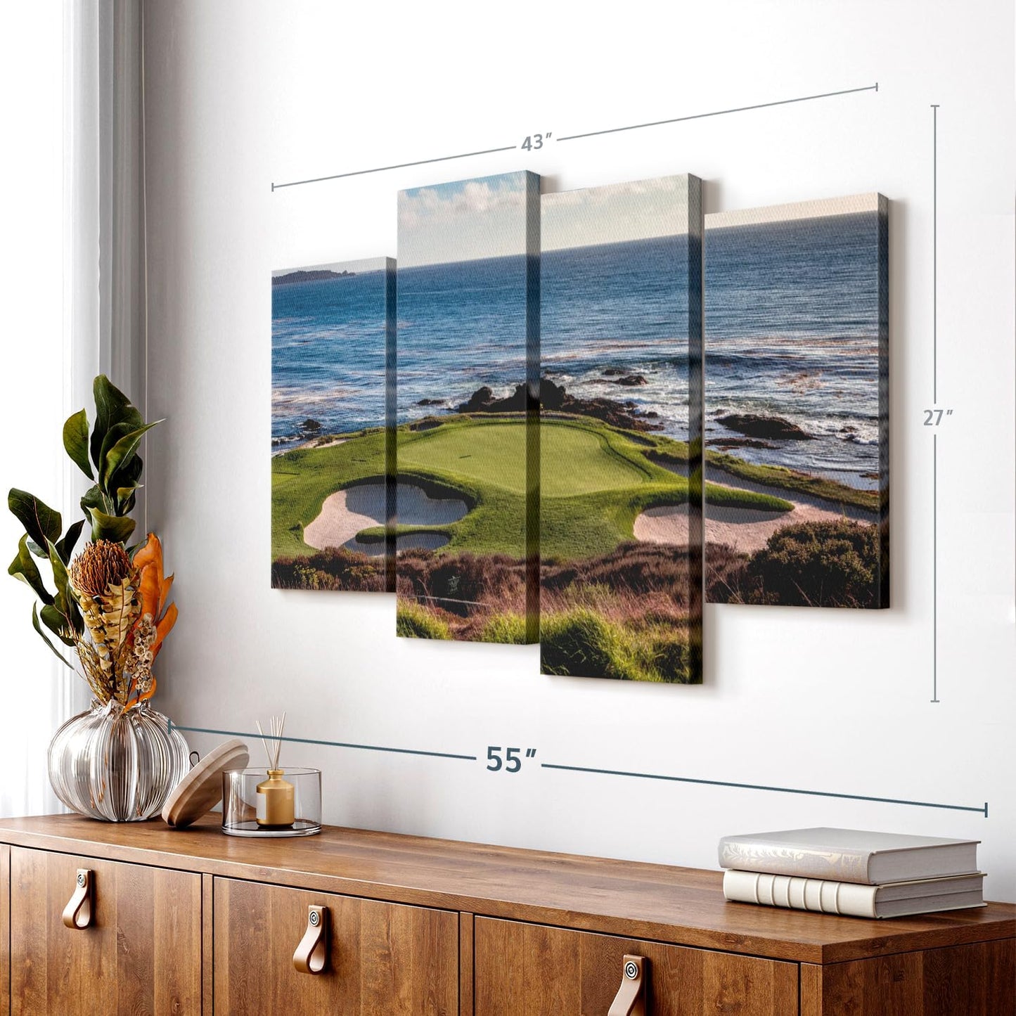 Elephant Stock California Coastline Golf Course Wall Art - Horizontal Canvas - 4-Piece Living Room Wall Decor - Photography Sports Canvas Print - Brown and Beige Decor for Wall - 43" X 27"