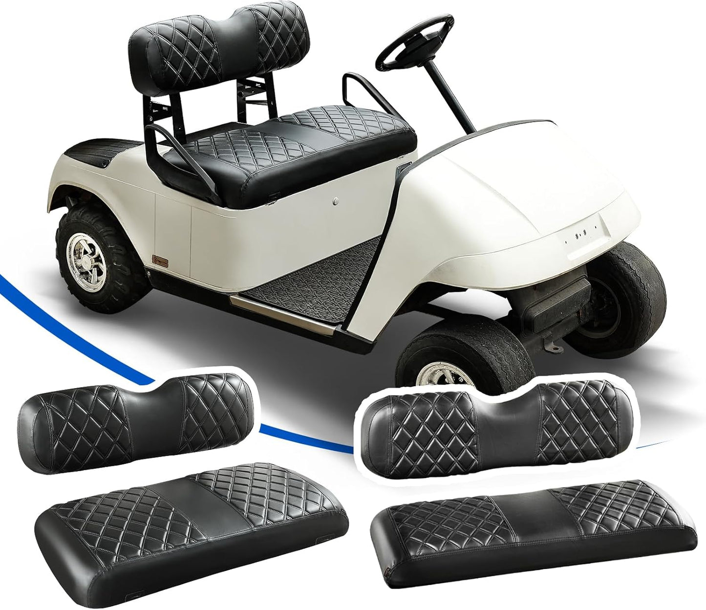 NOKINS 4PCS Golf Cart Diamond Seat Covers Kit, Front&Rear Seat Covers Fits EZGO TXT 1994-2013/EZGO RXV Standard Seat Cushion, EZGO Vinyl Seat Cover Accessories, No Staples(Black&Black Stitch)