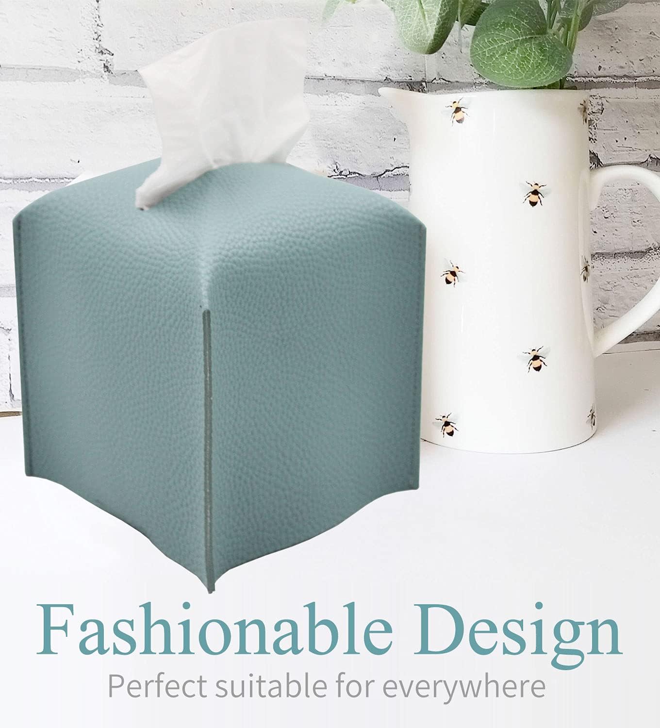 Livelab Tissue Box Cover, Square Decorative PU Leather Tissue Box Holder Modern Tissue Case Facial Paper Organizer Dispenser for Bathroom, Vanity Countertop, Night Stands, Desk 5X5X5'' | Blue