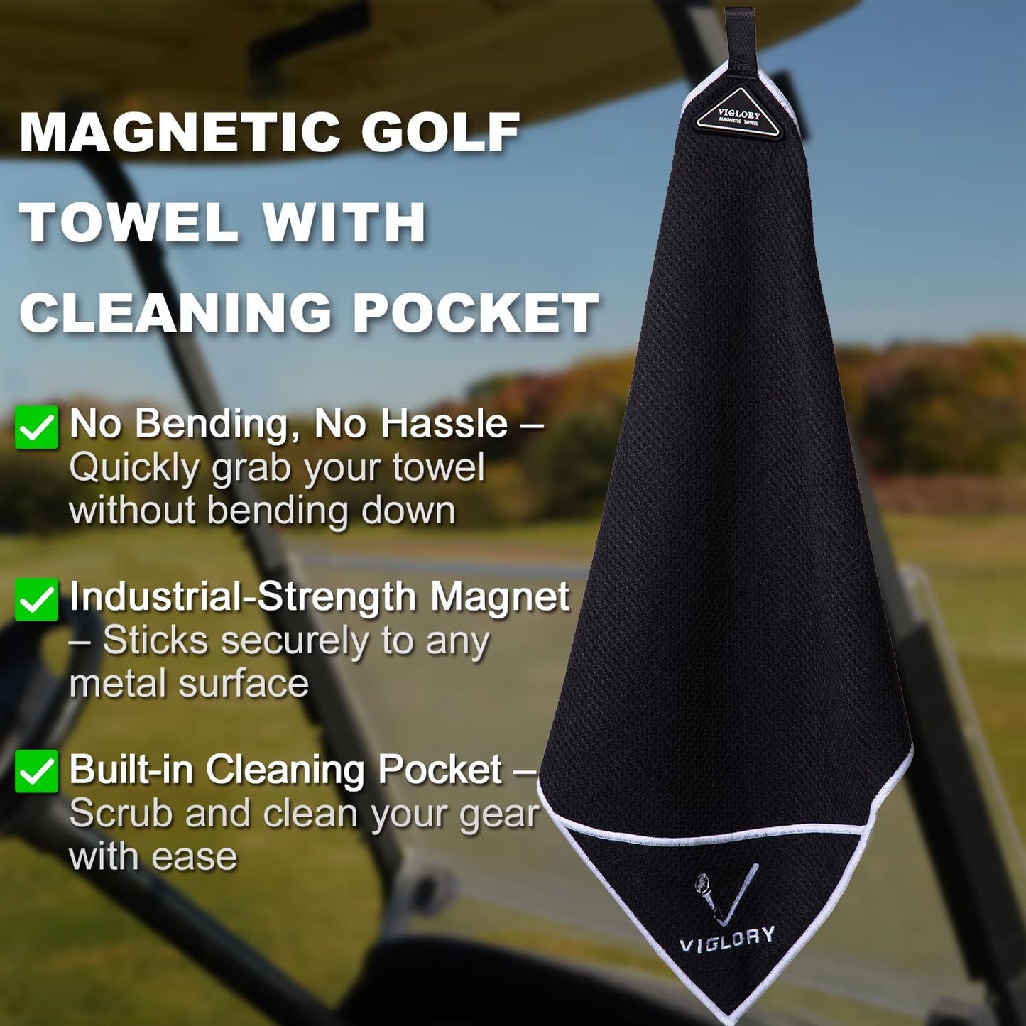 Magnetic Golf Towel for Bag 18" x 18" with Clip Exclusive Cleaning Pocket Microfiber Waffle Ultra Absorbent Club Ball Cleaner Essential Golf Accessories and Gifts for Men Women(Black 1 Pack)