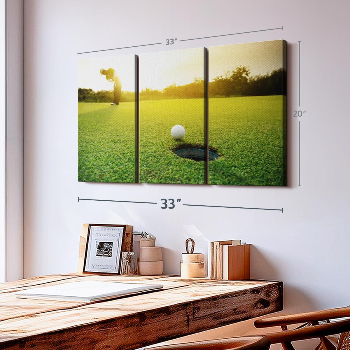 ElephantStock Golf Ball Strike Wall Art - Horizontal Canvas - 3-Piece Living Room Wall Decor - Photography Sports Canvas Print - Green and White Decor for Wall - 33" X 20"