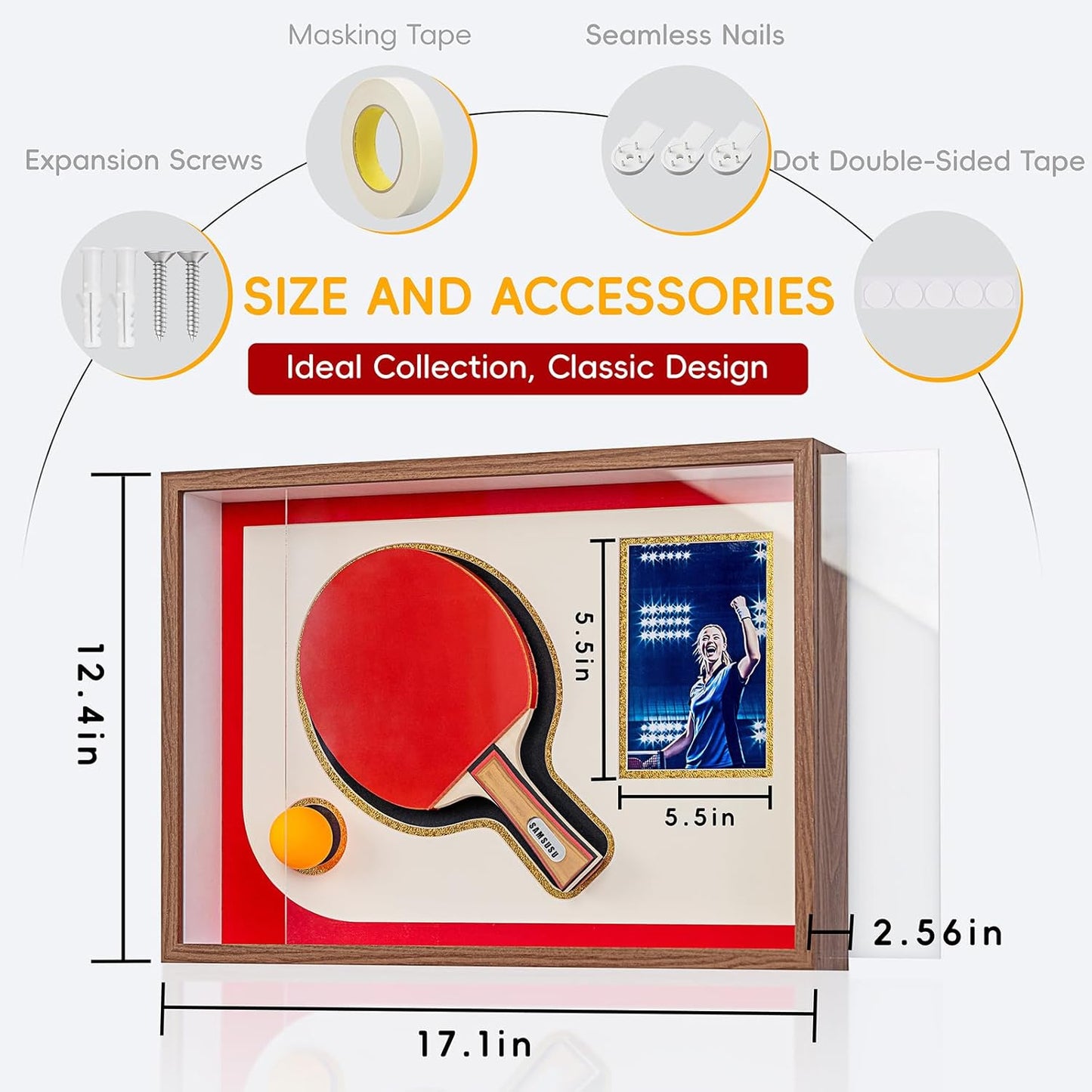 12x17 Walnut Table Tennis Racket Shadow Box Frame – Ping Pong Paddle Display Case with Photo Slot, Sports Memorabilia Display for Wall Decor & Collectors (Racket & Ball Not Included)