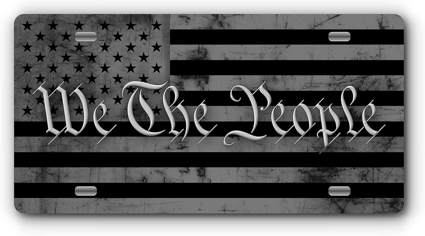 Patriotic Vanity Aluminum License Plate for Front of Trucks and Cars - Made in The USA - Universal Fit (We The People B&W)