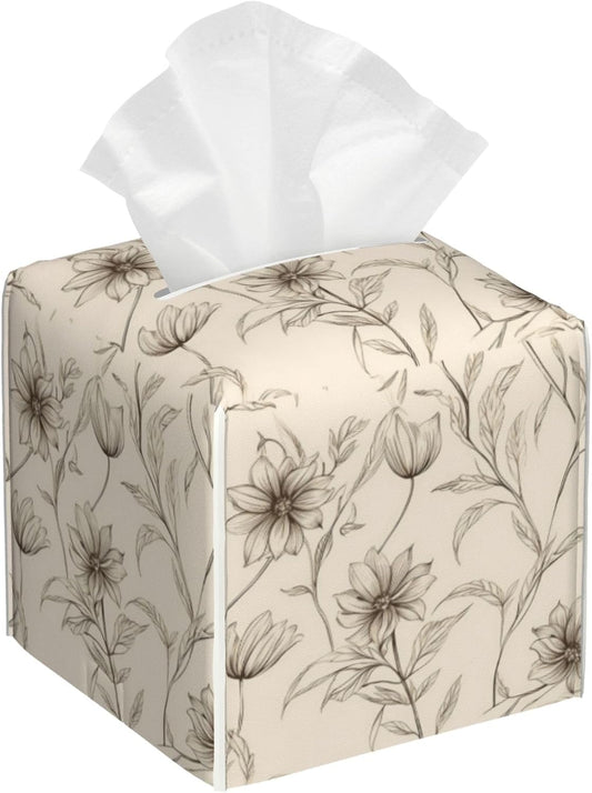 Boho Minimalist Flowers Tissue Box Cover Square, Abstract Line Floral Tissue Box Holder Waterproof Leather Facial Paper Organizer Dispenser for Bathroom Home Car Nightstand Vanity Desk