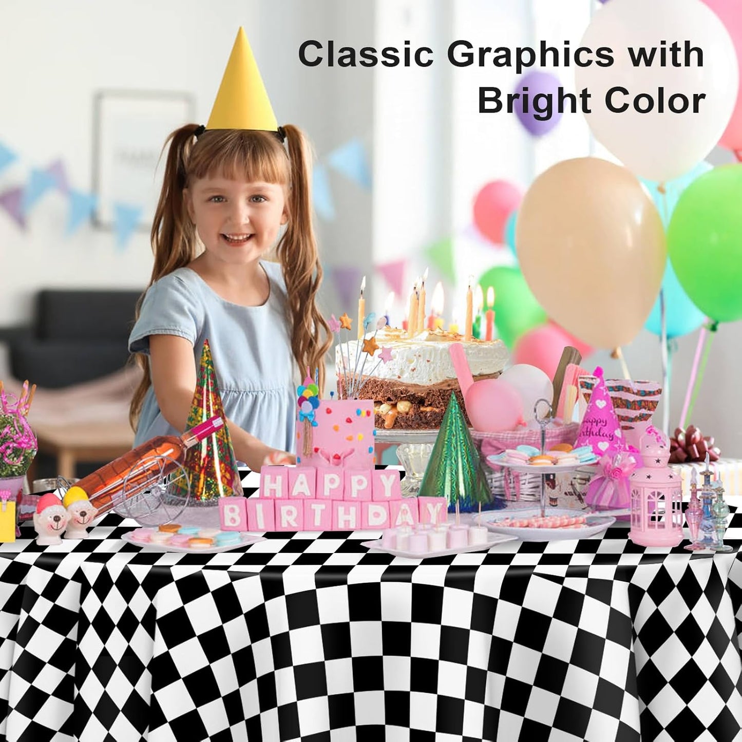 3 Pack Black and White Checkered Tablecloth, Round Black Checkered Flag Plastic Table Cloths for Parties Disposable, 84x84 in Waterproof Race Car Tablecloth for Birthday Party Halloween Picnic School