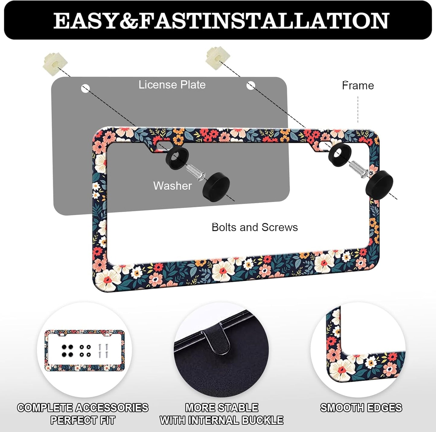 Folk Floral Flower License Plate Frames - 2 Pack Colorful Flowers License Plate Holder Covers for Women, Aluminum Metal Rust-Proof Waterproof Car Tag Frame with Screws Fasteners Caps