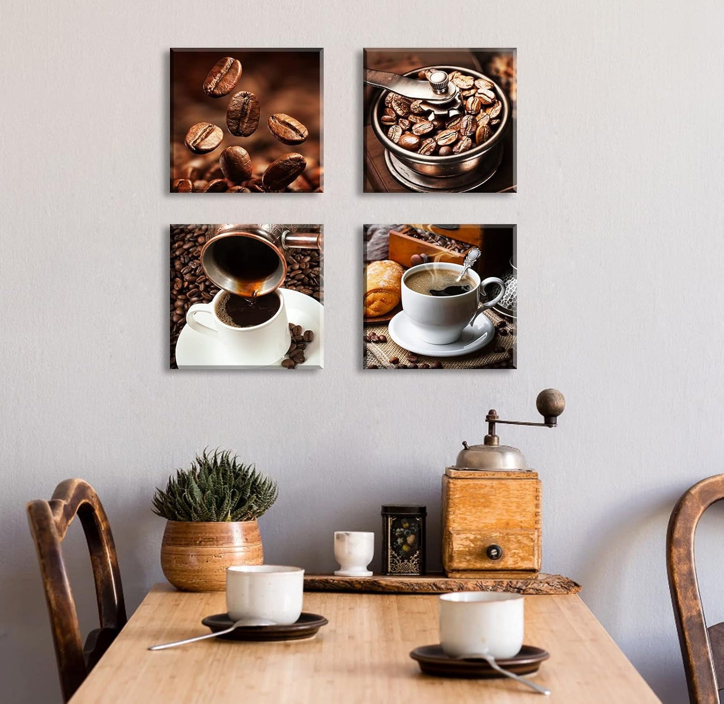 Kitchen Wall Art Coffee Decor Canvas Prints Coffee Cup Latte Mocha Cafe Drinking Pictures Brown 4 Panel Modern Artwork for Dining Room Restaurant Bar Decorations 12"Wx12"Hx4 Framed Ready to Hang