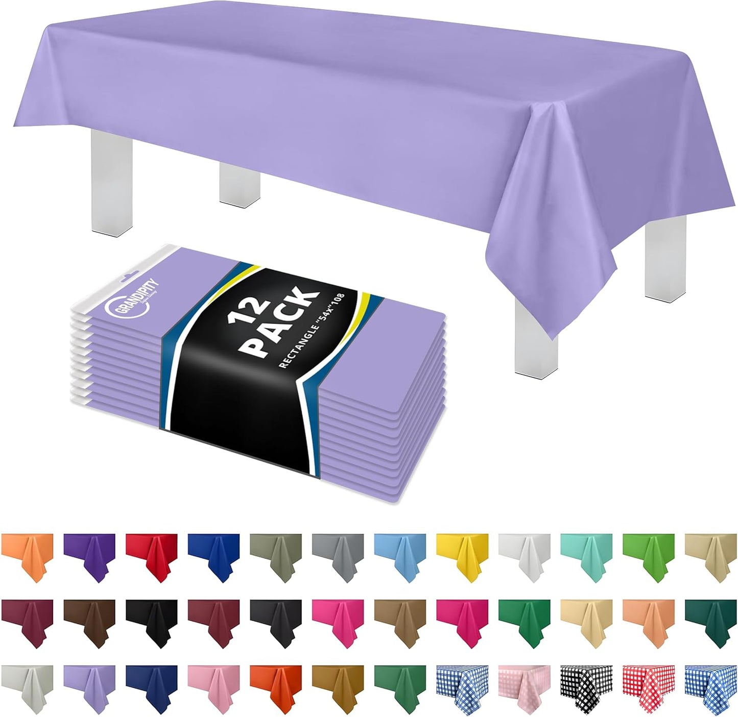 Grandipity 12 Pack Premium Disposable Plastic Tablecloth 54 Inch. x 108 Inch. Decorative Rectangle Table Cover - Lavender