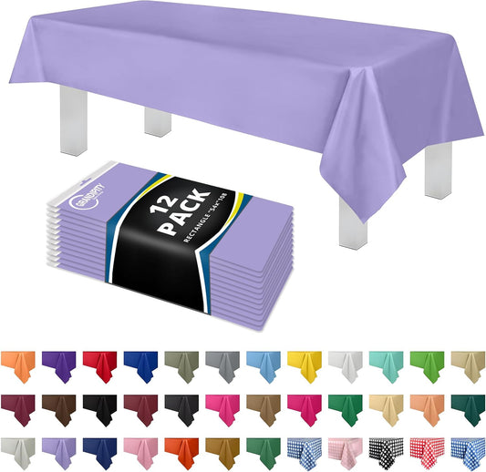 Grandipity 12 Pack Premium Disposable Plastic Tablecloth 54 Inch. x 108 Inch. Decorative Rectangle Table Cover - Lavender