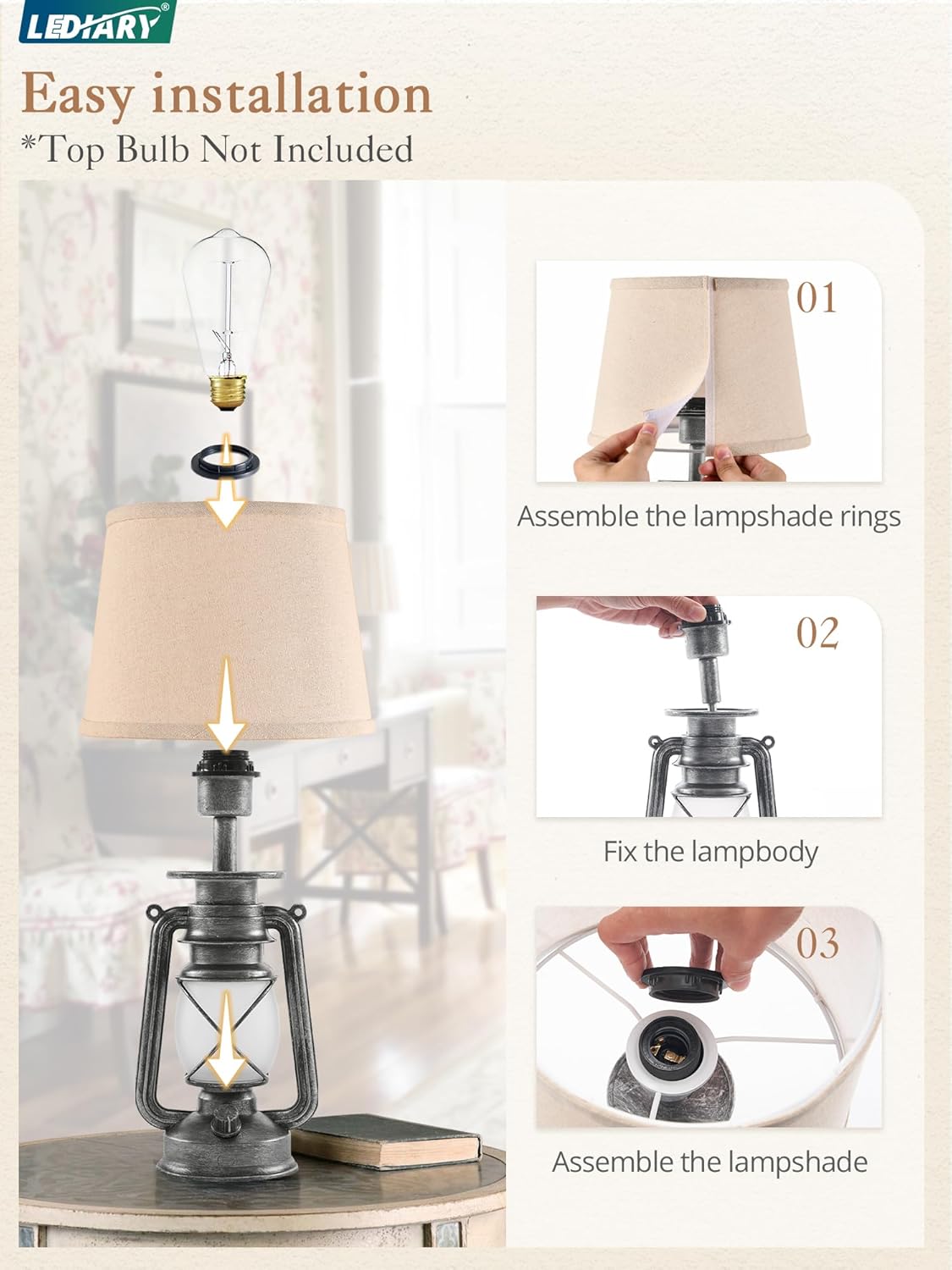 LEDIARY 18.72" Sliver LED Lantern Flickering Flame Table Lamps for Bedrooms Set of 2, Small Farmhouse Rustic End Table Lamps, Halloween Decorative Lantern Bedside Lamps for Living Room